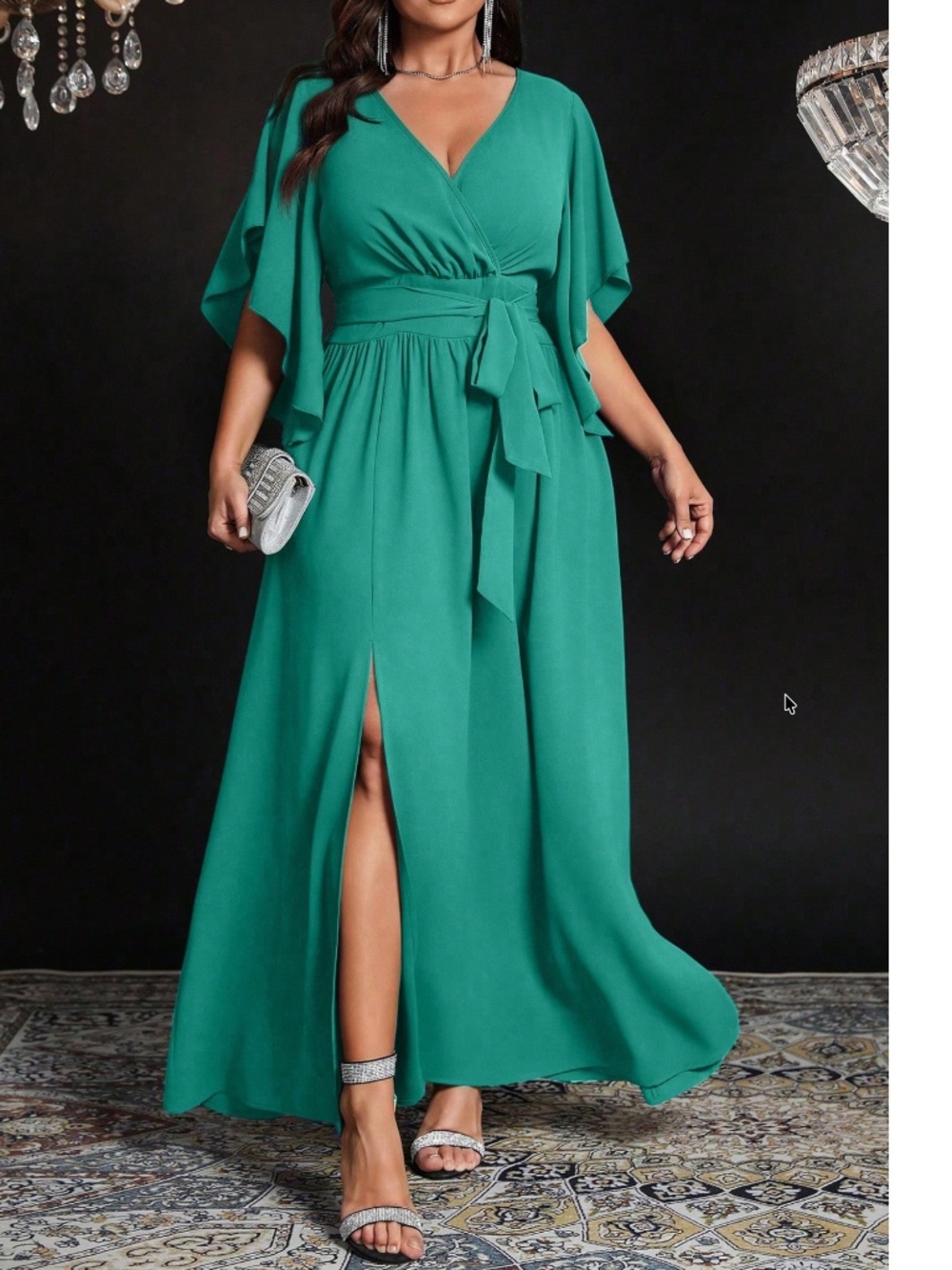  Plus Solid V neck Flounce Sleeve Belted Split Thigh Party Evening Dress - Picture 3 of 15